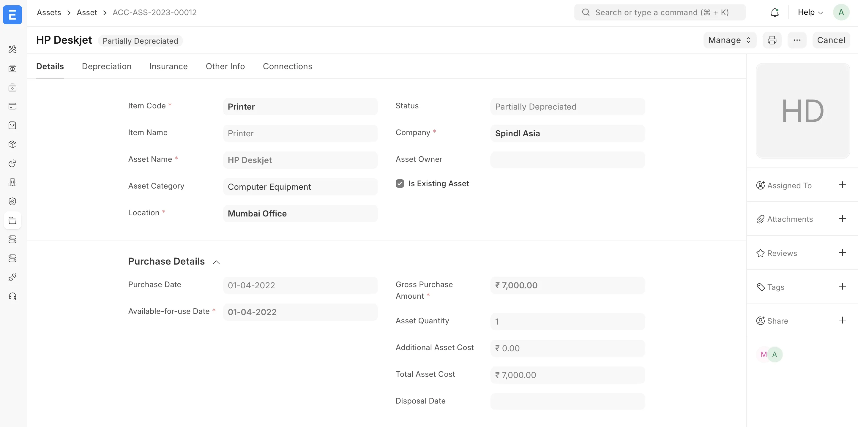Asset Details (Partly Depreciated)